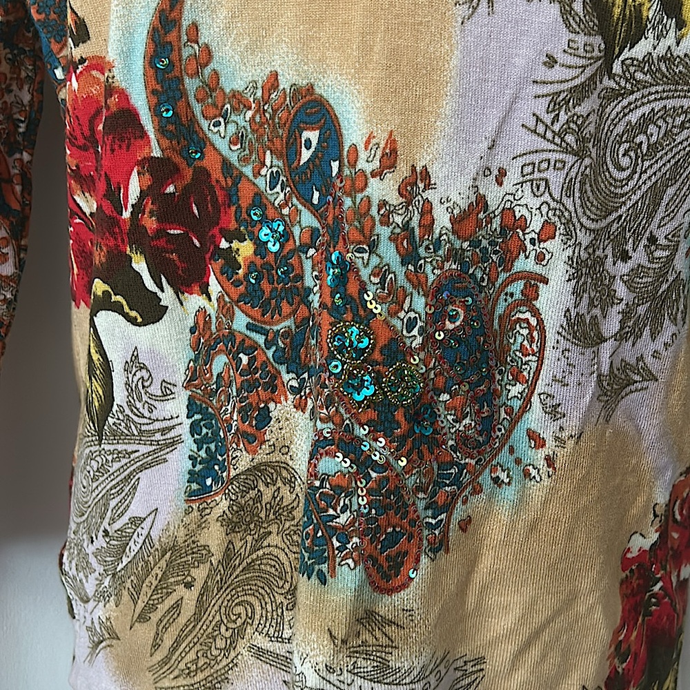 Michelle Nicole Beautiful Floral Sequins 3/4 Sleeve Shirt Blouse Top **Size M** - Picture 4 of 5